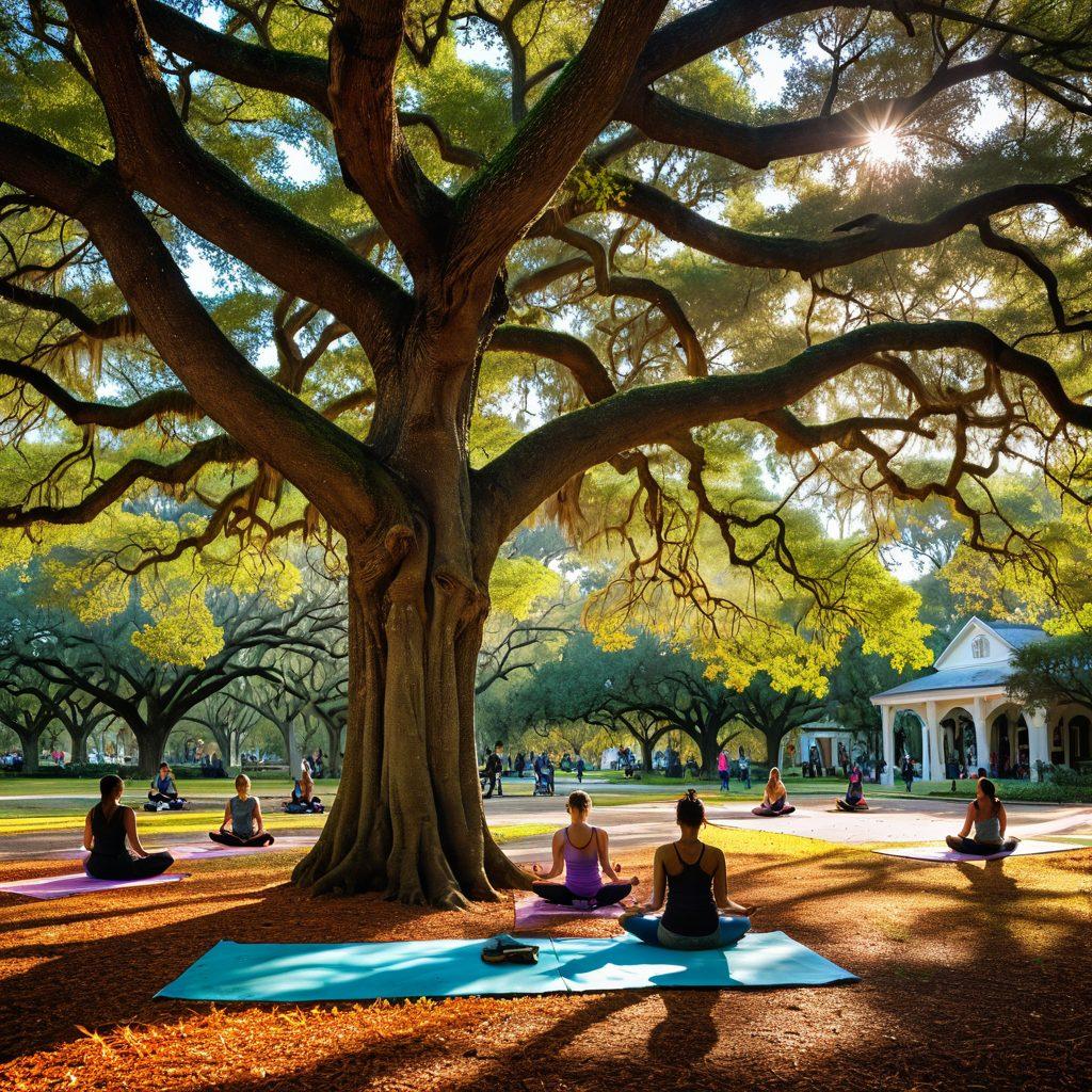 A serene park scene in New Orleans, showcasing diverse groups of people engaging in supportive conversations under the majestic live oak trees with Spanish moss. Include elements of community, such as a mental health resource booth, people practicing yoga, and vibrant street art in the background. The warm sunlight filters through the leaves, creating a sense of peace and hope. painterly style. vibrant colors. soft focus.