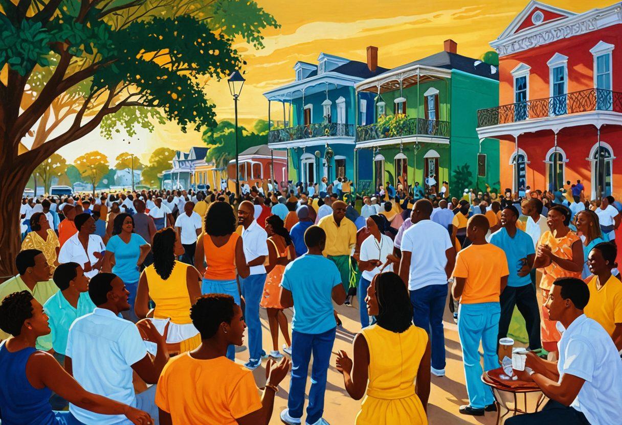 An illustration showcasing a vibrant community gathering in New Orleans, featuring diverse people connecting, laughing, and sharing stories in a lively park setting. Include elements of street art and local culture, such as jazz musicians in the background and colorful homes. Emphasize an atmosphere of warmth, support, and mental wellbeing. The sun is setting, casting a golden glow over the scene. bright colors. painting.