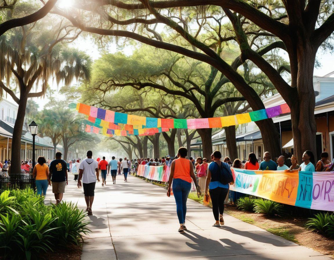 A vibrant street scene in New Orleans featuring diverse community members engaged in mental health awareness activities, with colorful banners promoting local initiatives and a serene park backdrop. The image should capture the essence of community support and mental wellness, showcasing friendly interactions among participants. Bright, cheerful colors should convey hope and positivity. super-realistic. vibrant colors. white background.